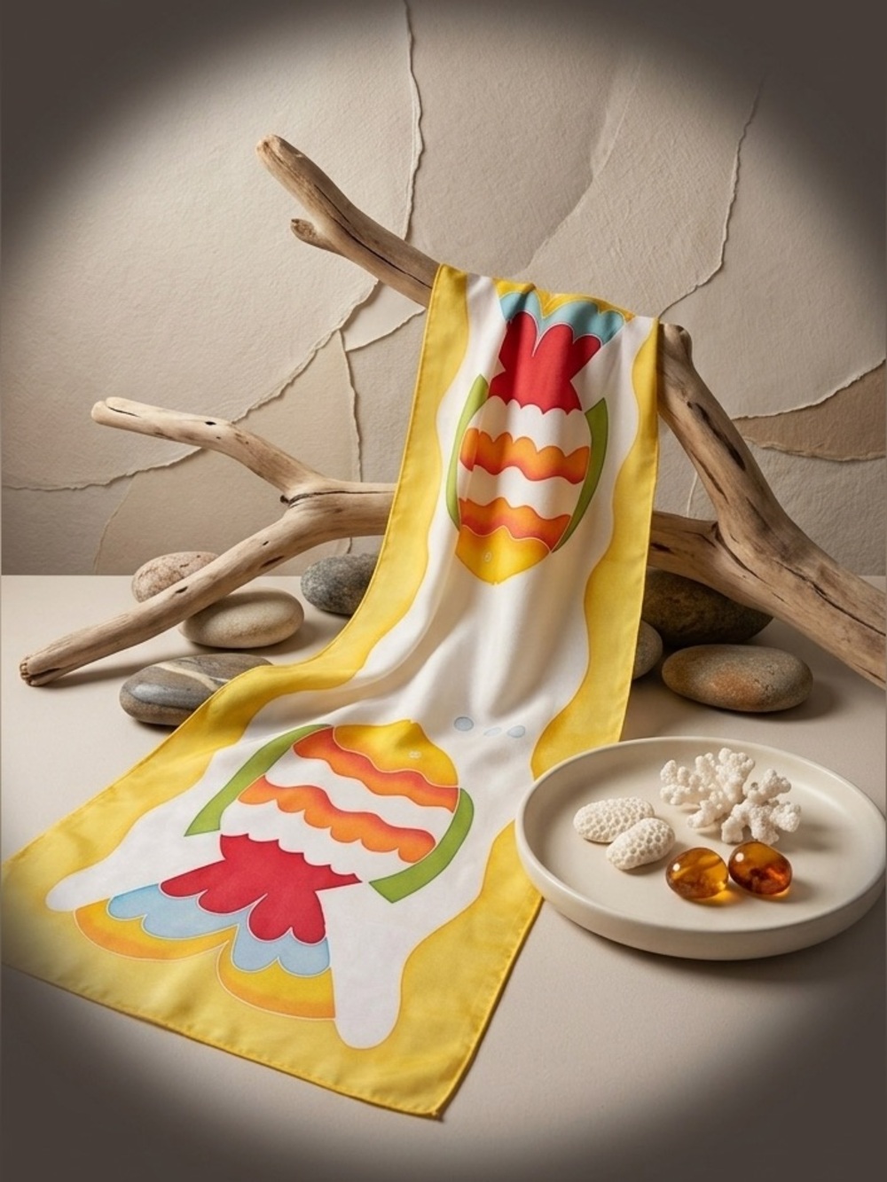 Vibrant Yellow Koi Fish Print Scarf Brazilian Made Summer Accessory